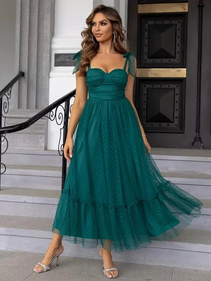 Women's Polka Dot Mesh Tie-Shoulder Christmas Party Midi Dress