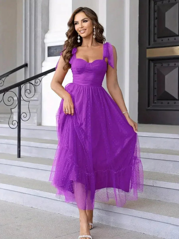 Women's Polka Dot Mesh Tie-Shoulder Christmas Party Midi Dress