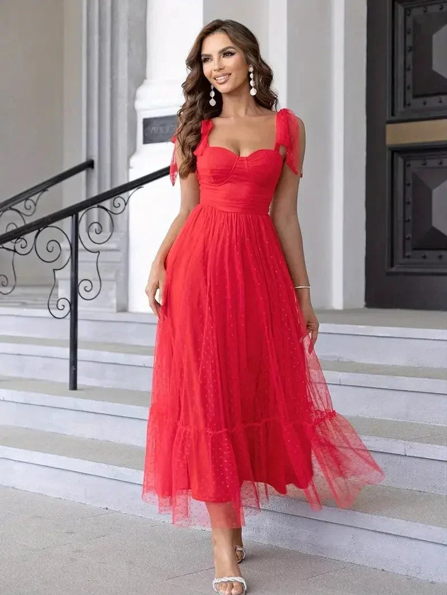Women's Polka Dot Mesh Tie-Shoulder Christmas Party Midi Dress