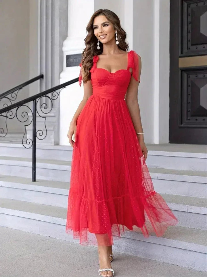 Women's Polka Dot Mesh Tie-Shoulder Christmas Party Midi Dress