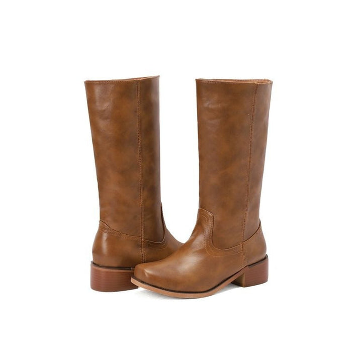 Women's Pull-On Block-Heel Knee-High Faux Leather Boots - Brown