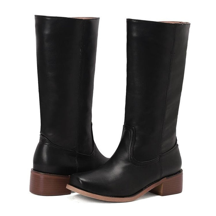 Women's Pull-On Block-Heel Knee-High Faux Leather Boots - Black
