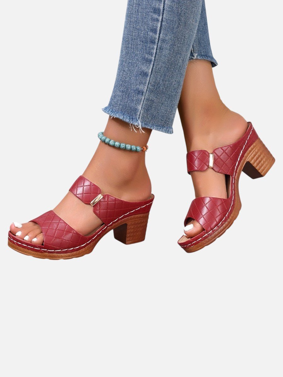 Women's Quilted Block Heeled Sandals Faux Leather Mule