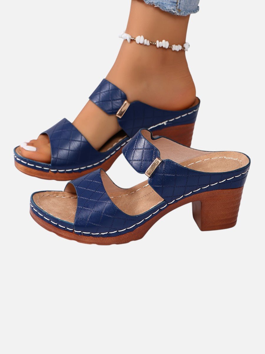 Women's Quilted Block Heeled Sandals Faux Leather Mule