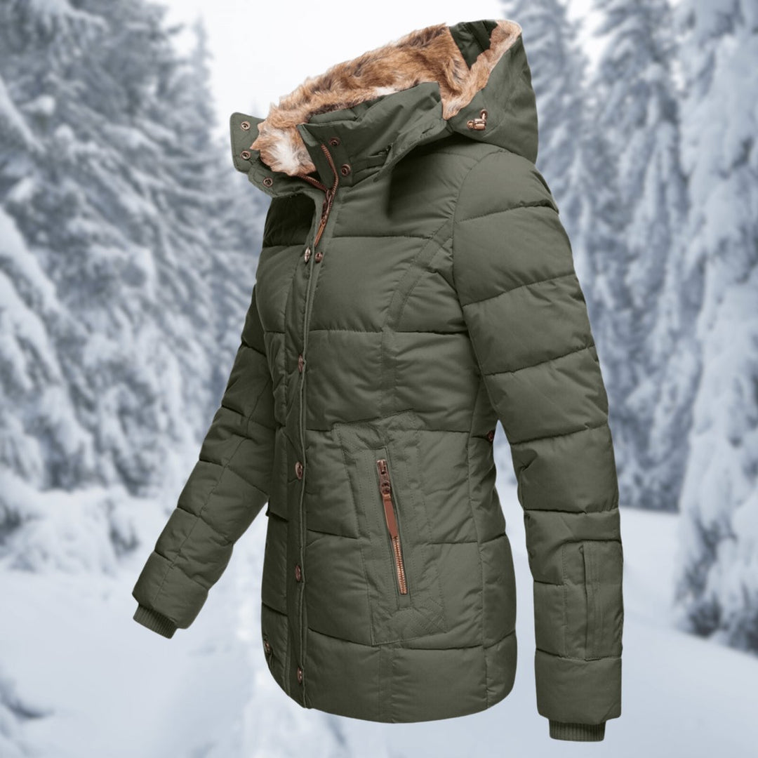 Women's Quilted Hooded Ladies Puffer Jacket Faux Fur Trim Coat