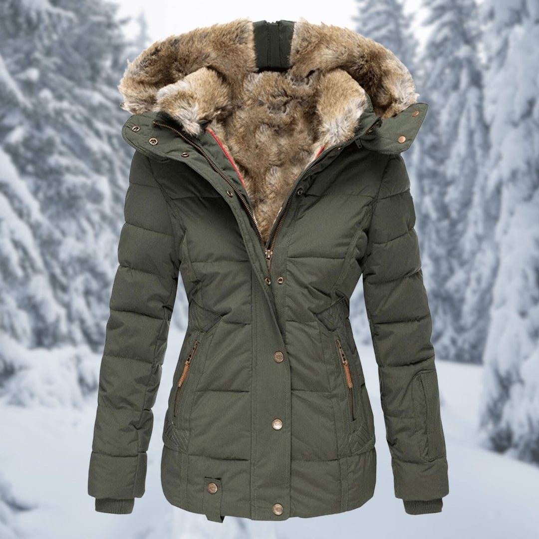 Women's Quilted Hooded Ladies Puffer Jacket Faux Fur Trim Coat