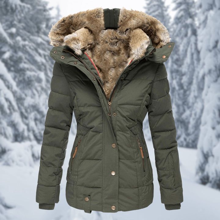 Women's Quilted Hooded Ladies Puffer Jacket Faux Fur Trim Coat