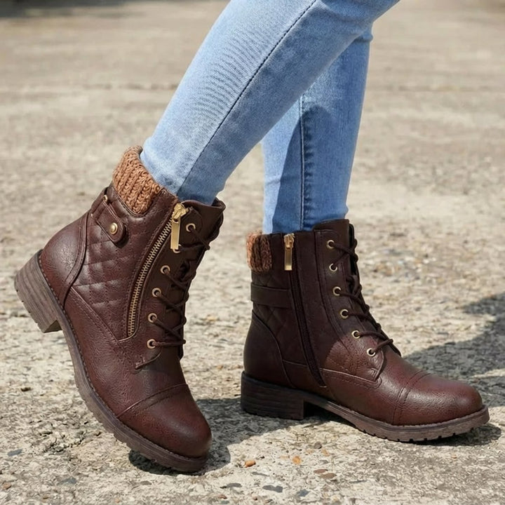 Women's Quilted Lace-Up Heeled Leather Ankle Boots Side Zip