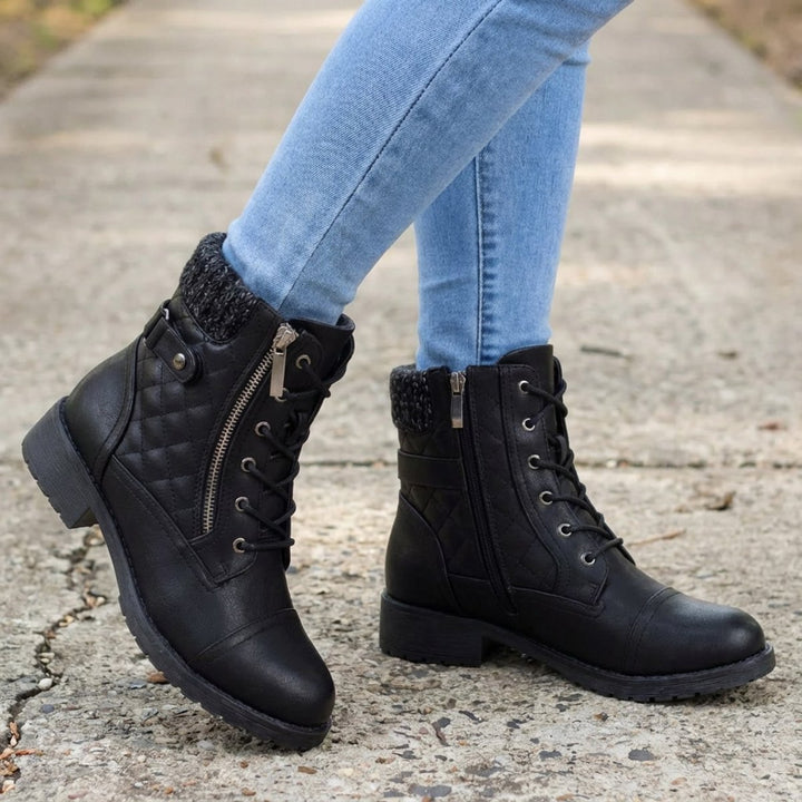 Women's Quilted Lace-Up Heeled Leather Ankle Boots Side Zip