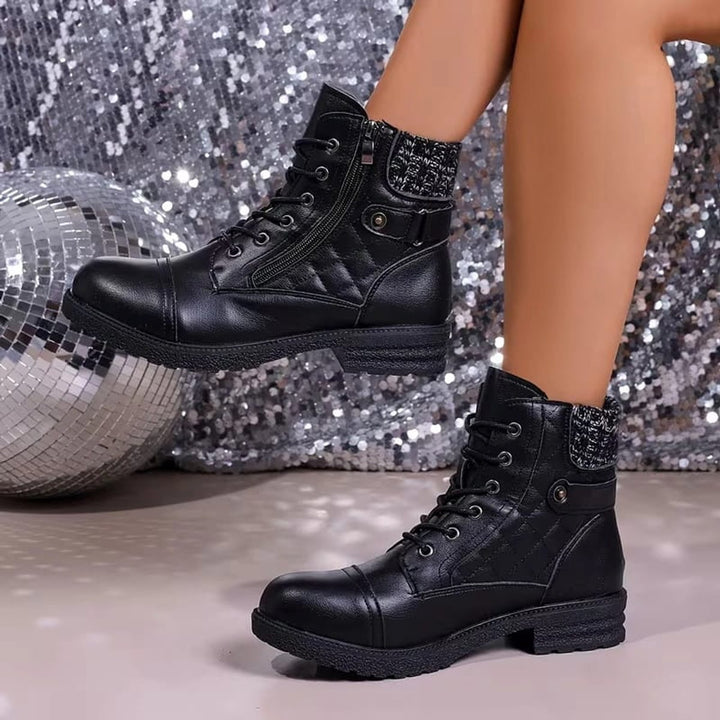Women's Quilted Lace-Up Heeled Leather Ankle Boots Side Zip