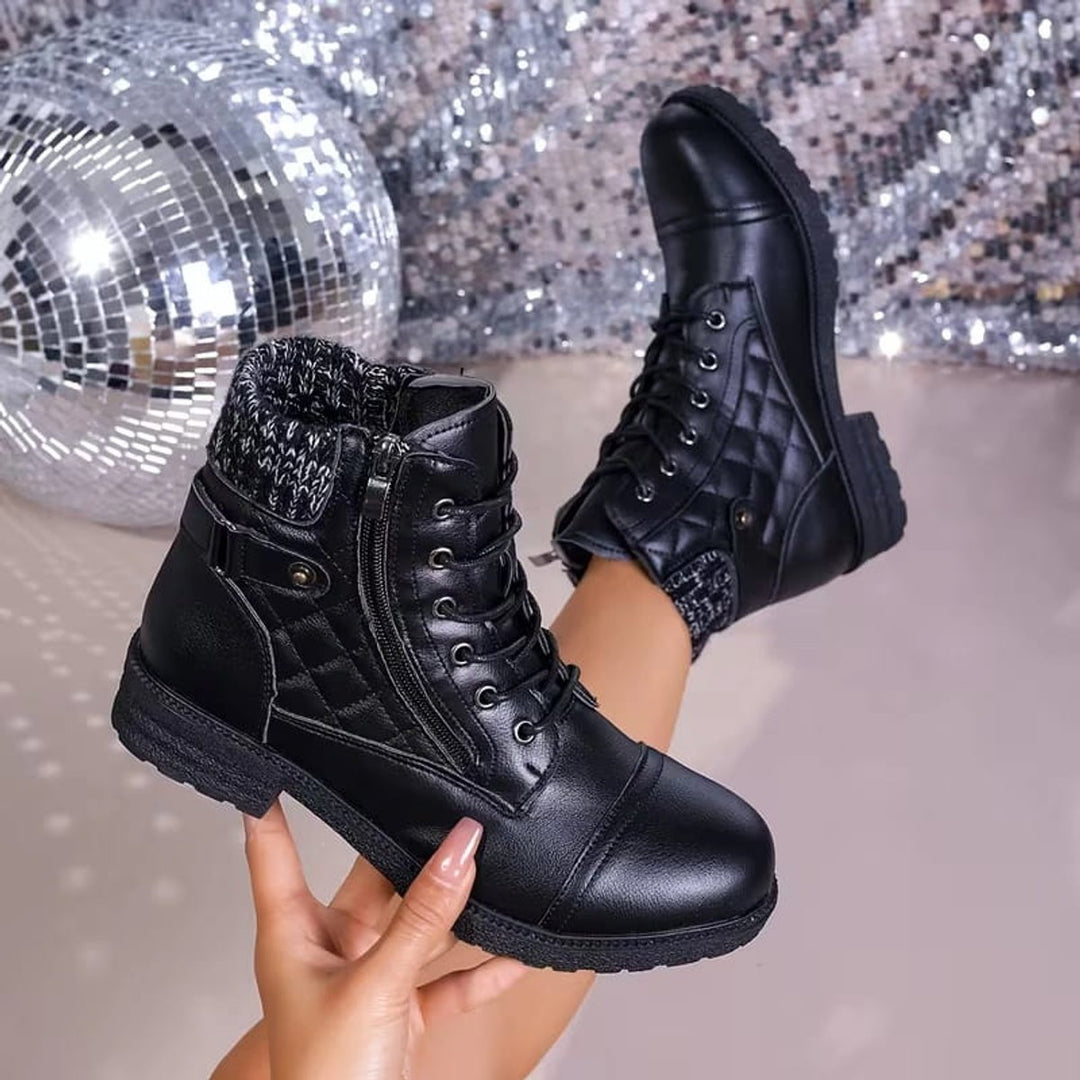 Women's Quilted Lace-Up Heeled Leather Ankle Boots Side Zip
