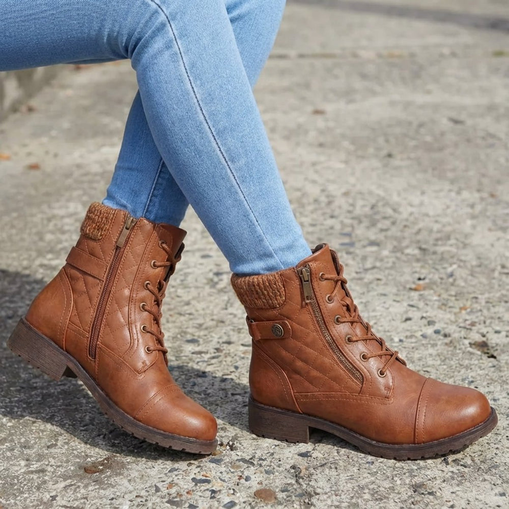 Women's Quilted Lace-Up Heeled Leather Ankle Boots Side Zip