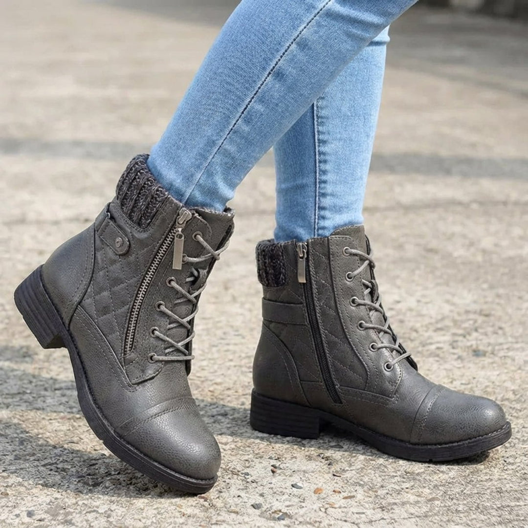 Women's Quilted Lace-Up Heeled Leather Ankle Boots Side Zip