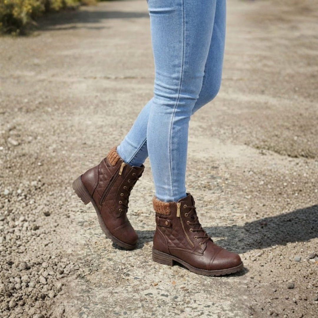 Women's Quilted Lace-Up Heeled Leather Ankle Boots Side Zip
