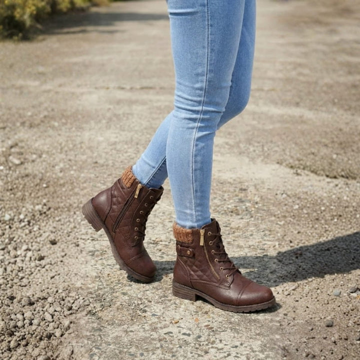 Women's Quilted Lace-Up Heeled Leather Ankle Boots Side Zip