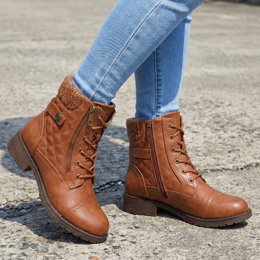 Women's Quilted Leather Ankle Boots Block Heel Side Zip