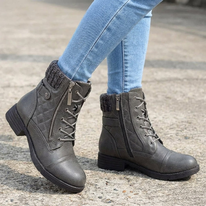 Women's Quilted Leather Ankle Boots Block Heel Side Zip