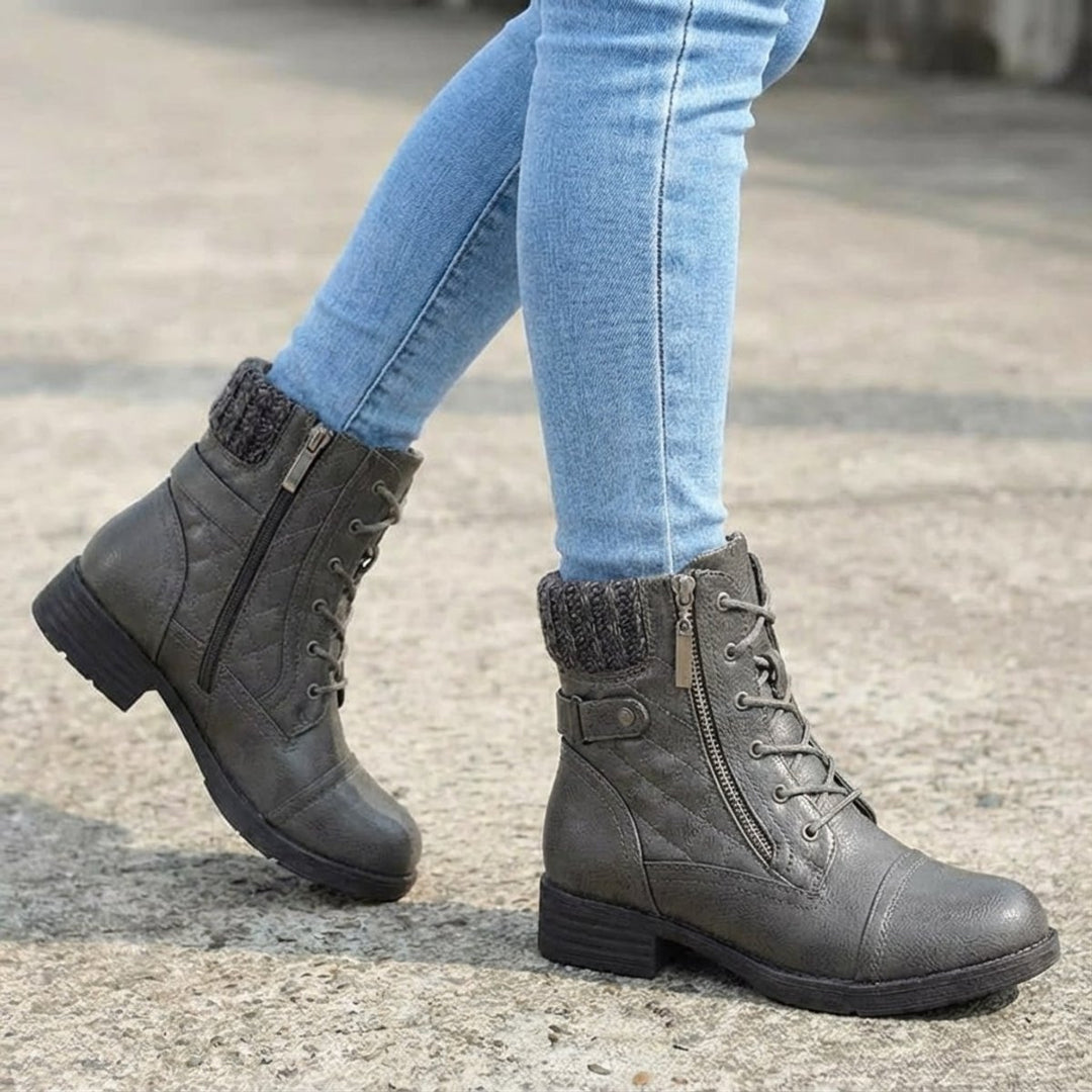 Women's Quilted Leather Ankle Boots Block Heel Side Zip