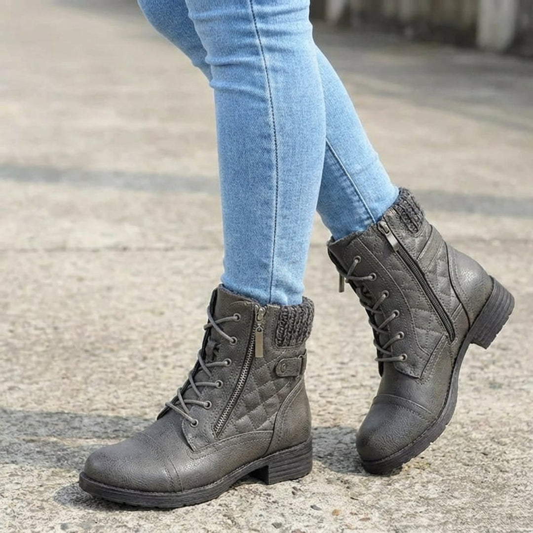 Women's Quilted Leather Ankle Boots Block Heel Side Zip