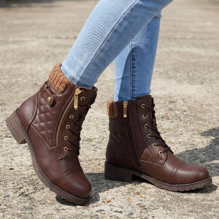 Women's Quilted Leather Ankle Boots Block Heel Side Zip