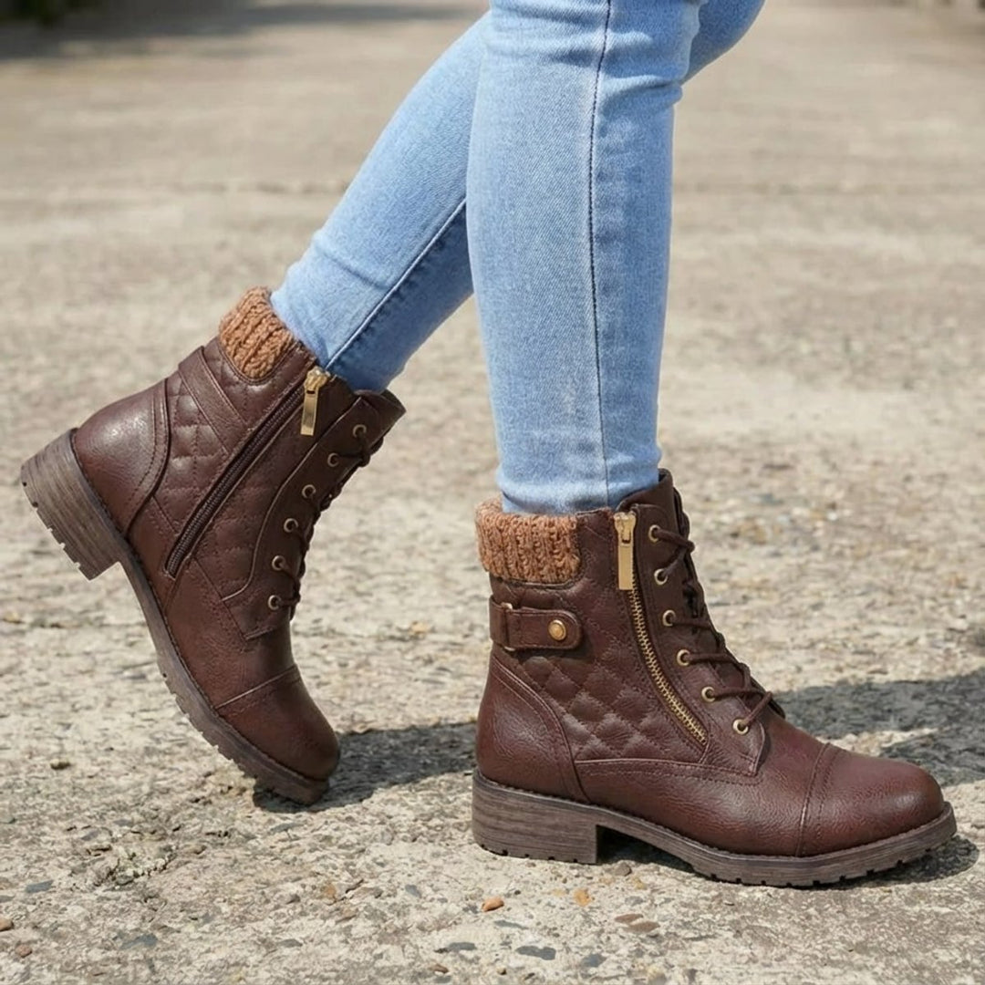 Women's Quilted Leather Ankle Boots Block Heel Side Zip