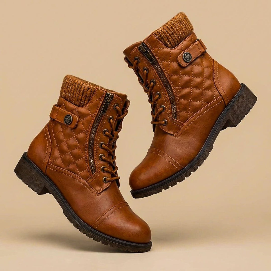 Women's Quilted Leather-Look Lace-Up Ankle Boots Block Heel - Mocha Brown