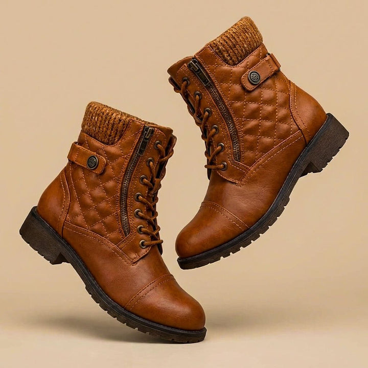 Women's Quilted Leather-Look Lace-Up Ankle Boots Block Heel - Mocha Brown