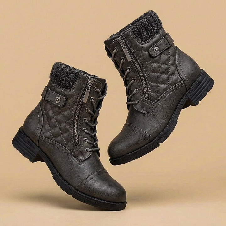 Women's Quilted Leather-Look Lace-Up Ankle Boots Block Heel - Slate Grey