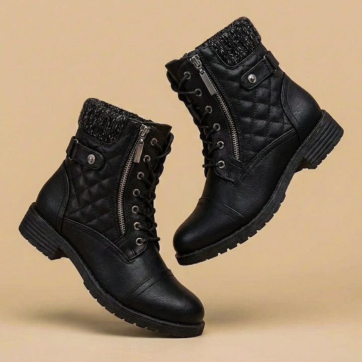 Women's Quilted Leather-Look Lace-Up Ankle Boots Block Heel - Midnight Black