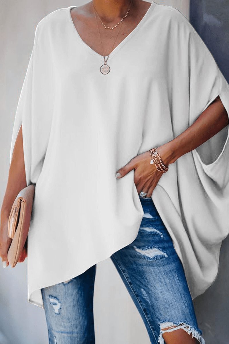 Women's Relaxed Batwing Sleeve V-Neck Blouse Long-Sleeve Top