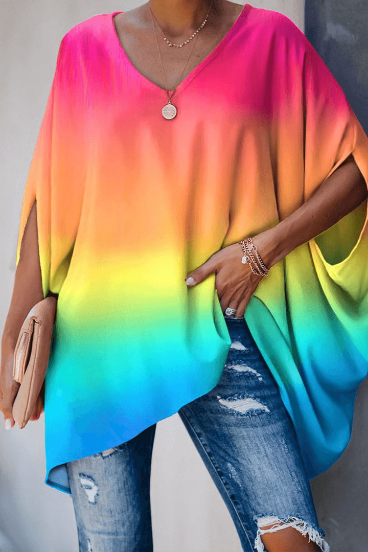 Women's Relaxed Batwing Sleeve V-Neck Blouse Long-Sleeve Top