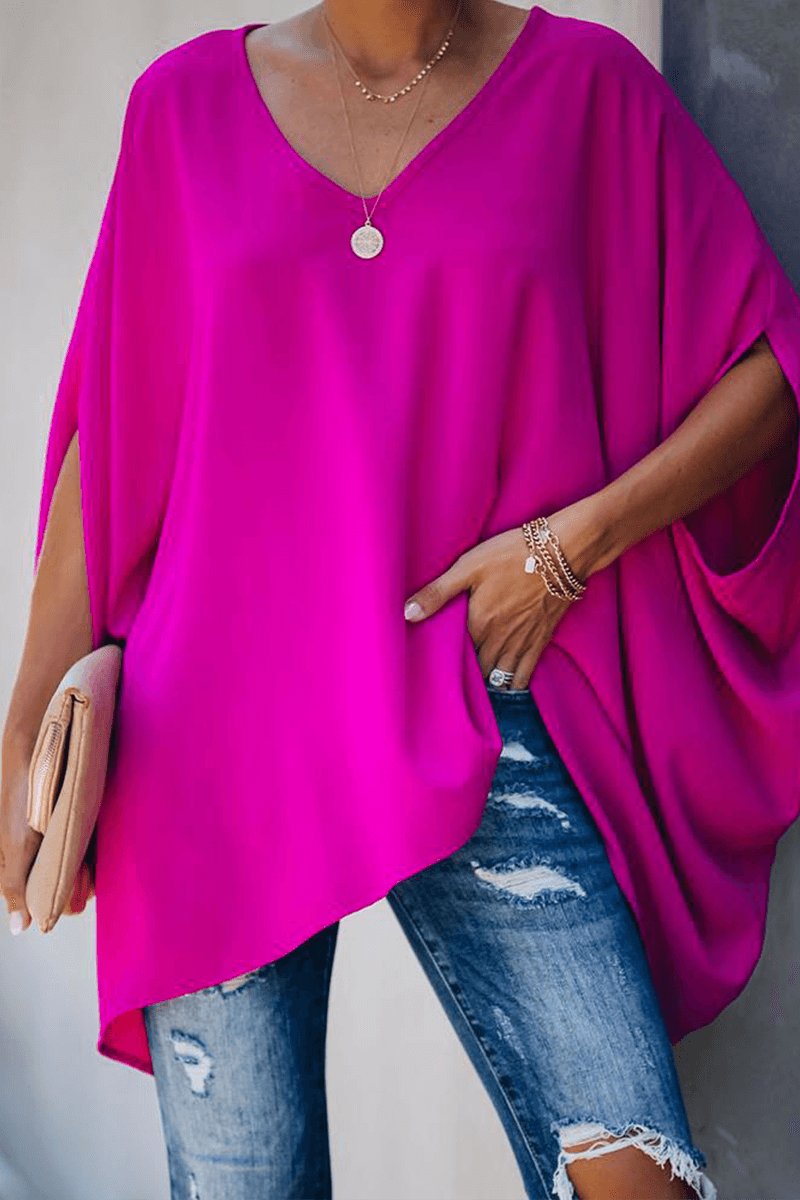 Women's Relaxed Batwing Sleeve V-Neck Blouse Long-Sleeve Top
