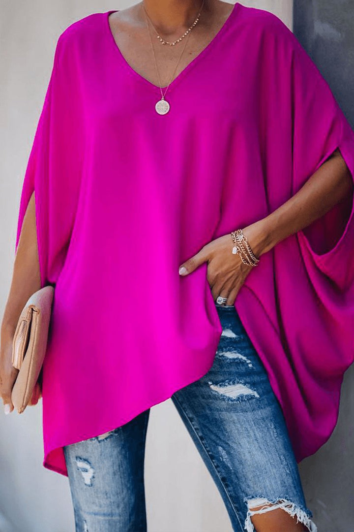 Women's Relaxed Batwing Sleeve V-Neck Blouse Long-Sleeve Top