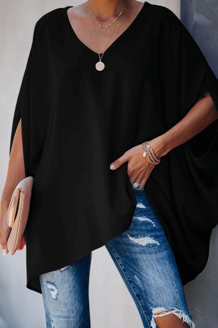 Women's Relaxed Batwing Sleeve V-Neck Blouse Long-Sleeve Top