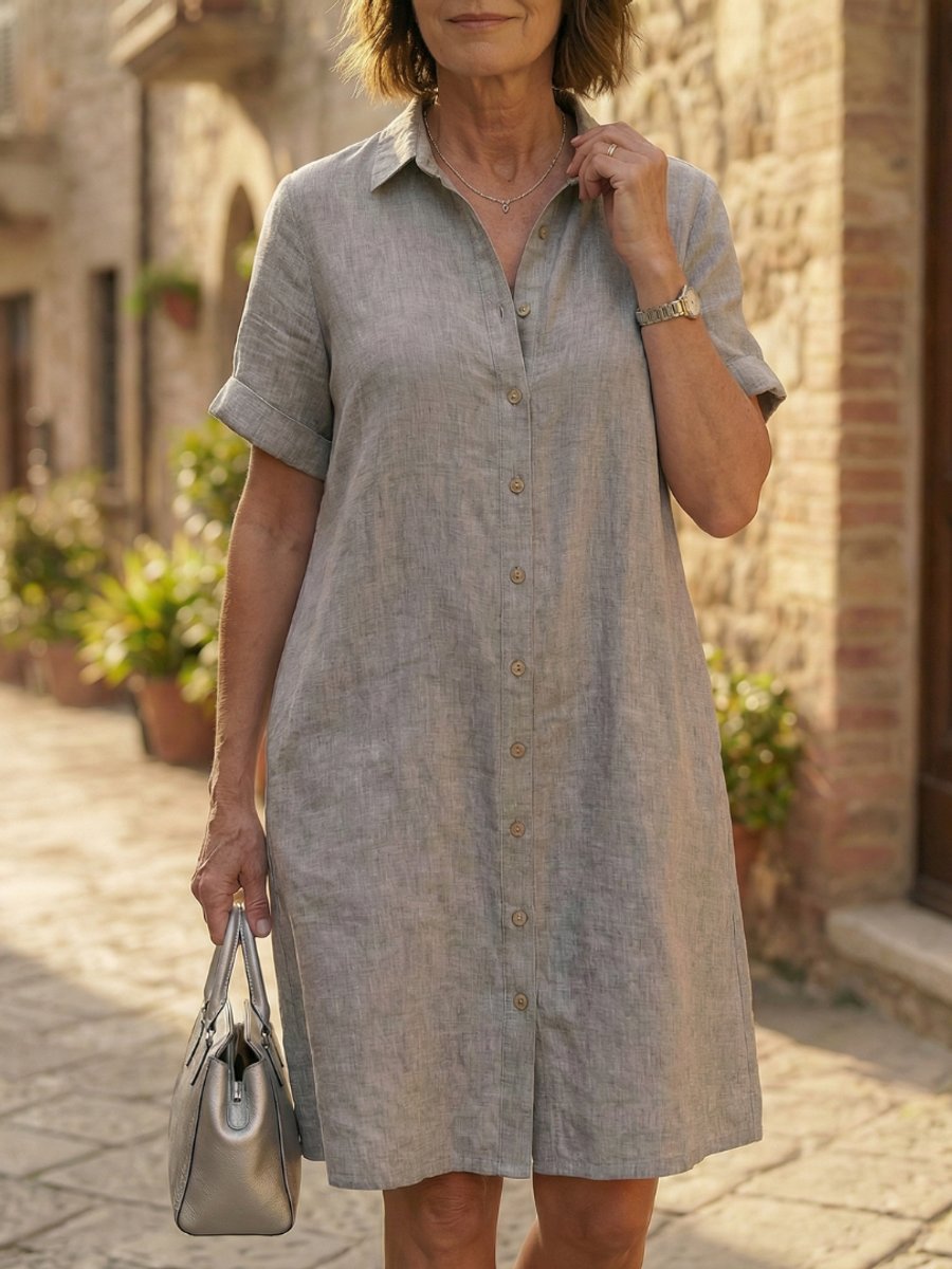 Women's Relaxed Everyday Day Dress Linen Button-Front Shirt Dress