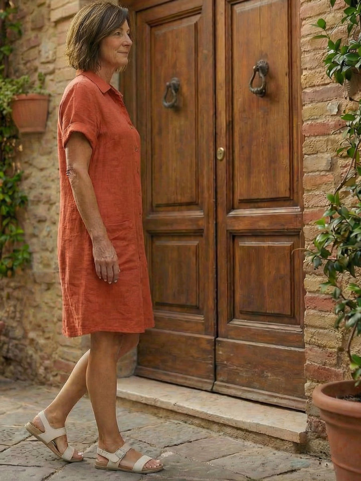 Women's Relaxed Everyday Day Dress Linen Button-Front Shirt Dress