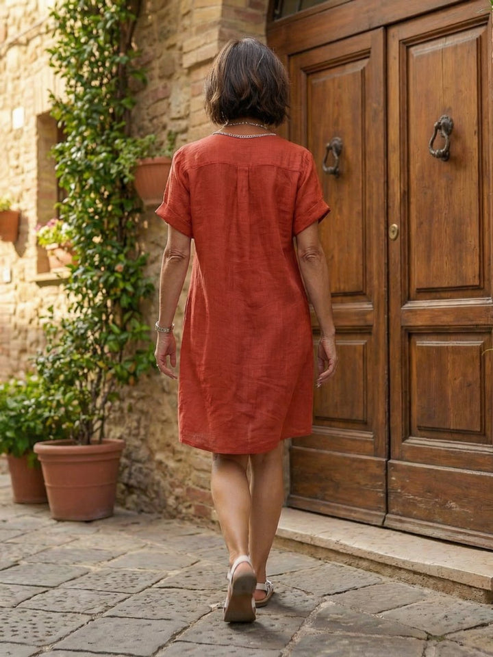 Women's Relaxed Everyday Day Dress Linen Button-Front Shirt Dress