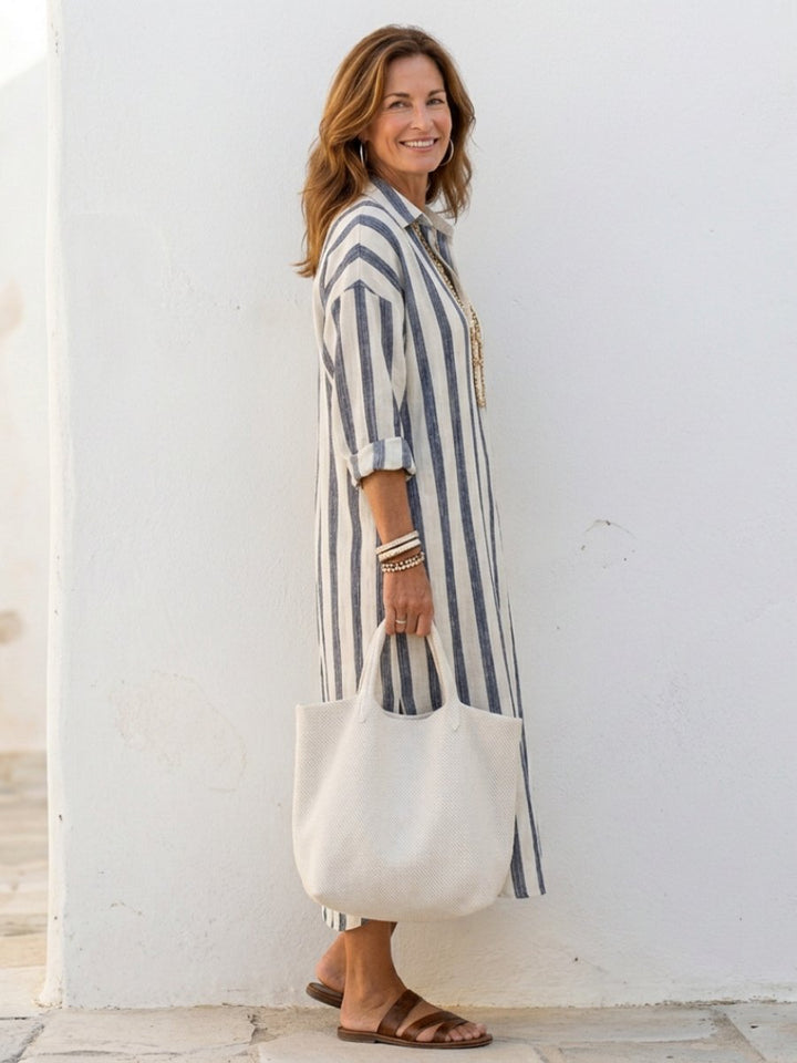 Women's Relaxed Everyday Day Dress Long Sleeve Striped Midi Shirt Dress
