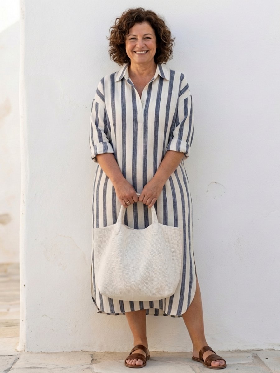 Women's Relaxed Everyday Day Dress Long Sleeve Striped Midi Shirt Dress