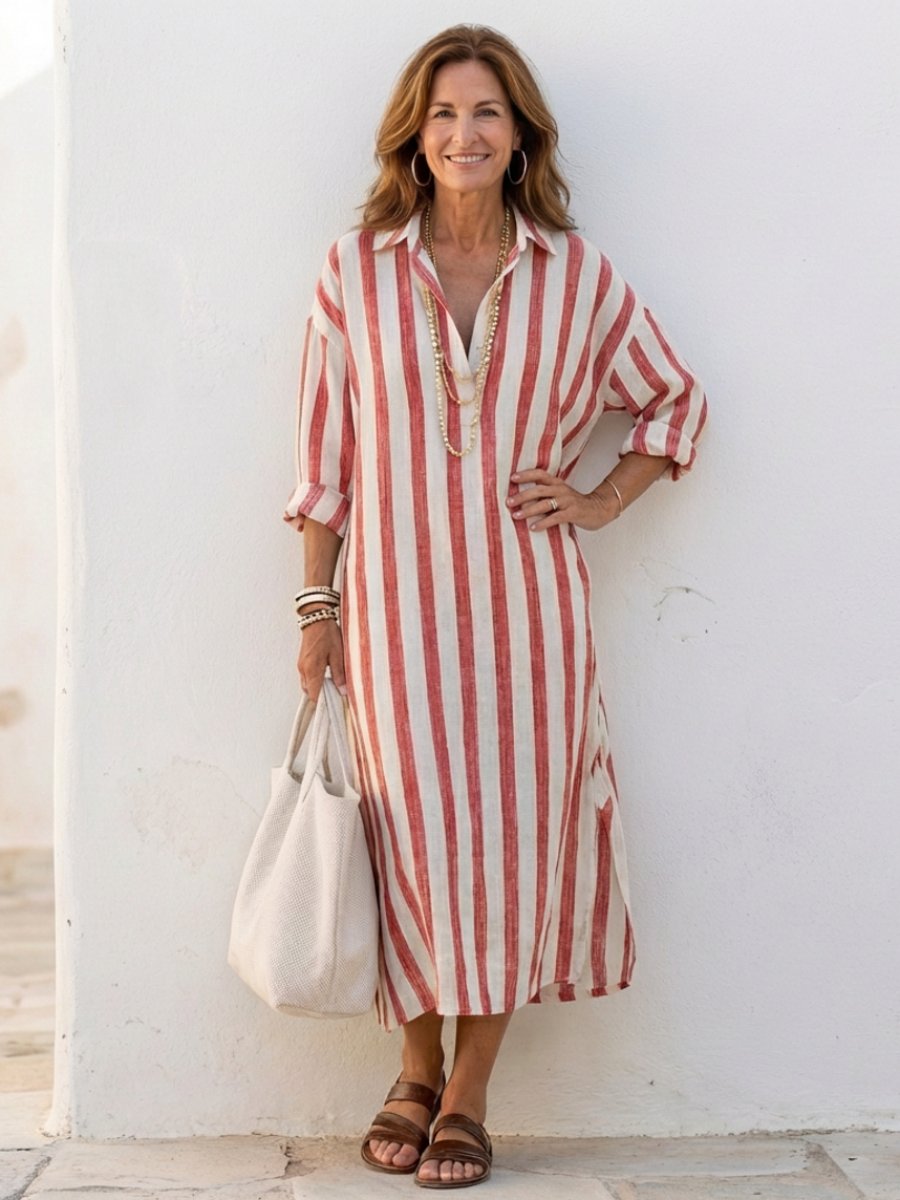 Women's Relaxed Everyday Day Dress Long Sleeve Striped Midi Shirt Dress