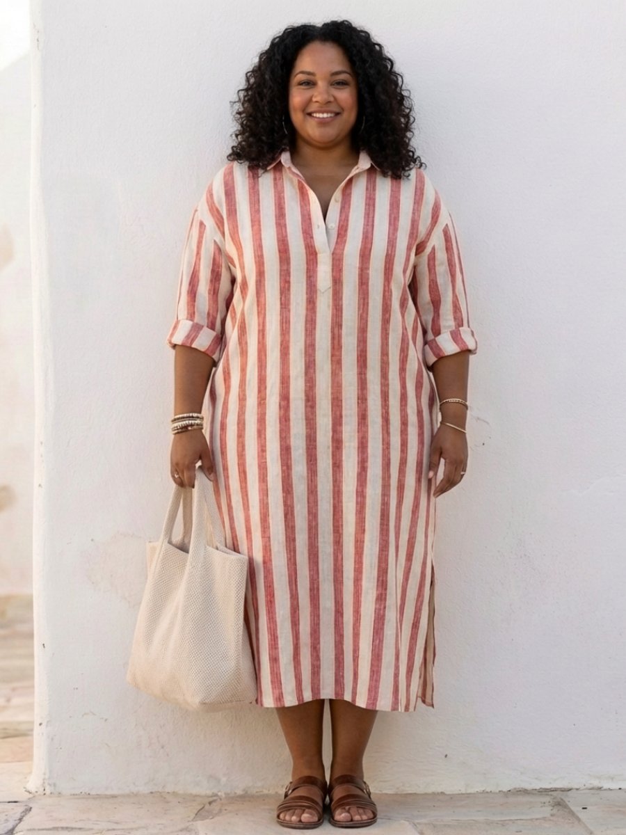 Women's Relaxed Everyday Day Dress Long Sleeve Striped Midi Shirt Dress