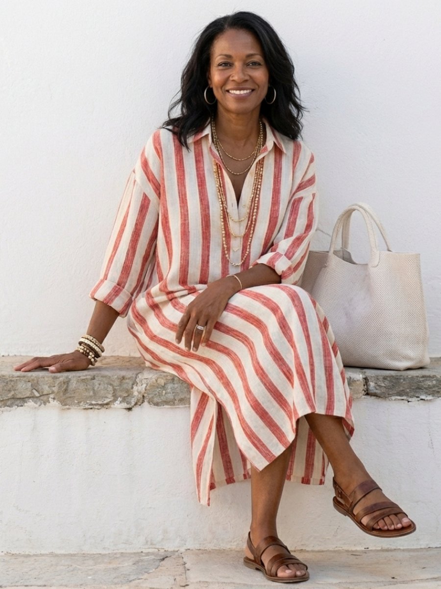 Women's Relaxed Everyday Day Dress Long Sleeve Striped Midi Shirt Dress