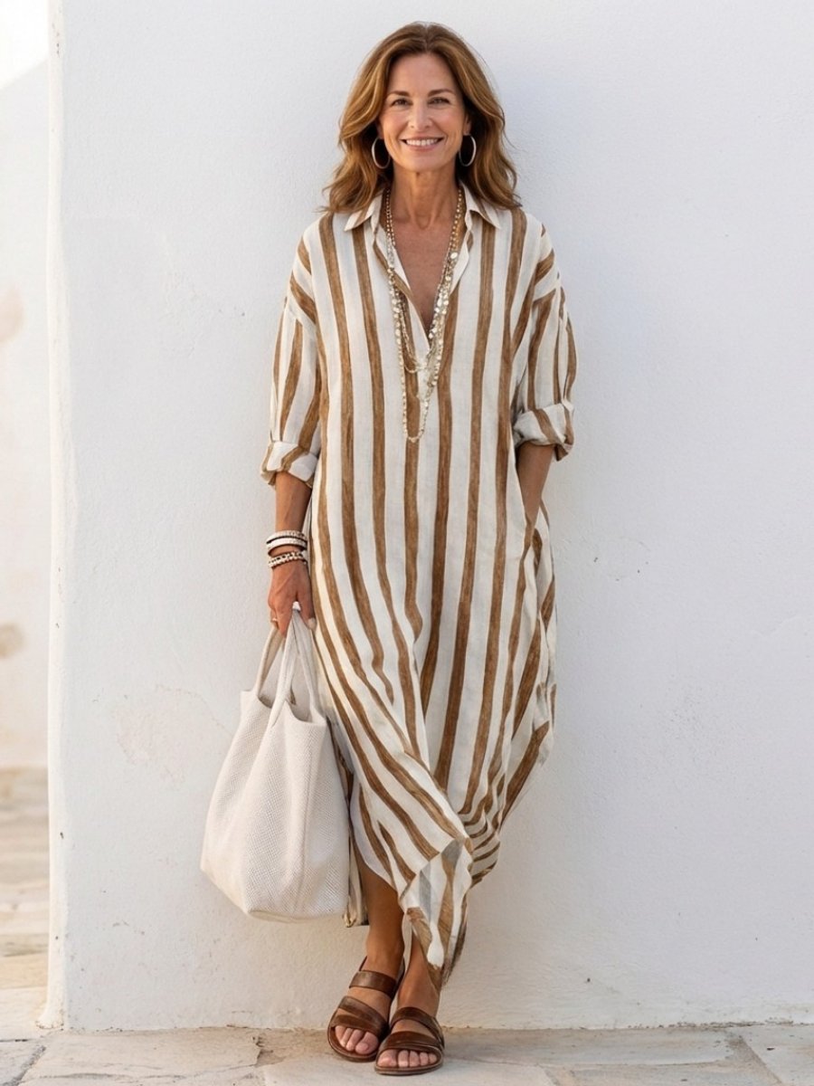 Women's Relaxed Everyday Day Dress Long Sleeve Striped Midi Shirt Dress