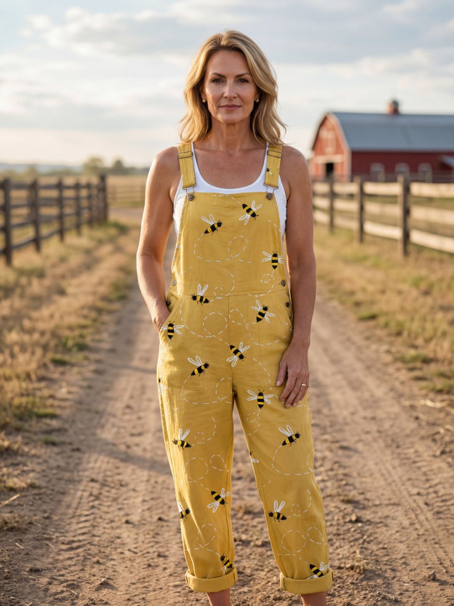 Women's Relaxed Everyday Day Dresses Bee Print Wide-Strap Jumpsuit