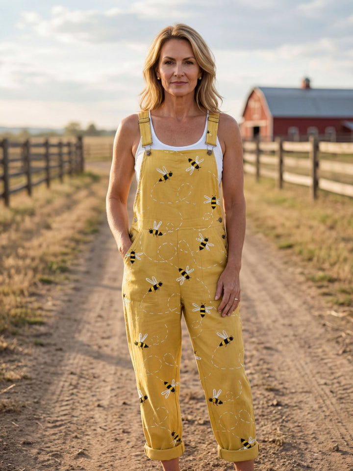 Women's Relaxed Everyday Day Dresses Bee Print Wide-Strap Jumpsuit