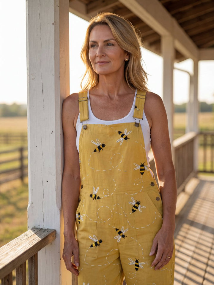 Women's Relaxed Everyday Day Dresses Bee Print Wide-Strap Jumpsuit