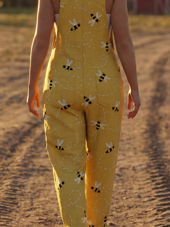 Women's Relaxed Everyday Day Dresses Bee Print Wide-Strap Jumpsuit