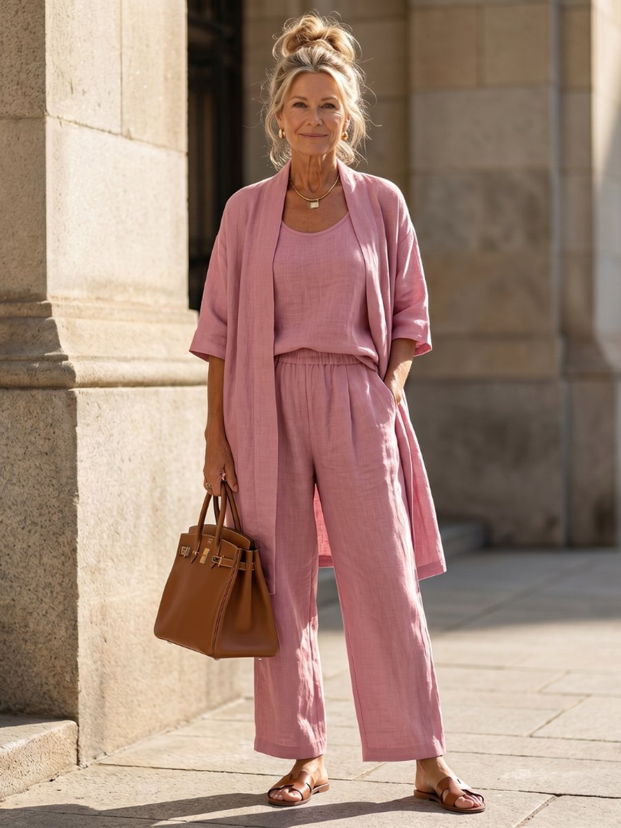 Women's Relaxed Everyday Day Dresses Three-Piece Linen Co-ord Set