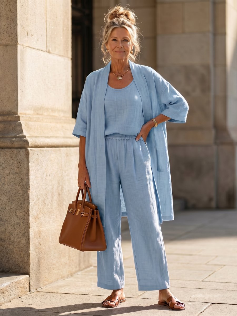 Women's Relaxed Everyday Day Dresses Three-Piece Linen Co-ord Set