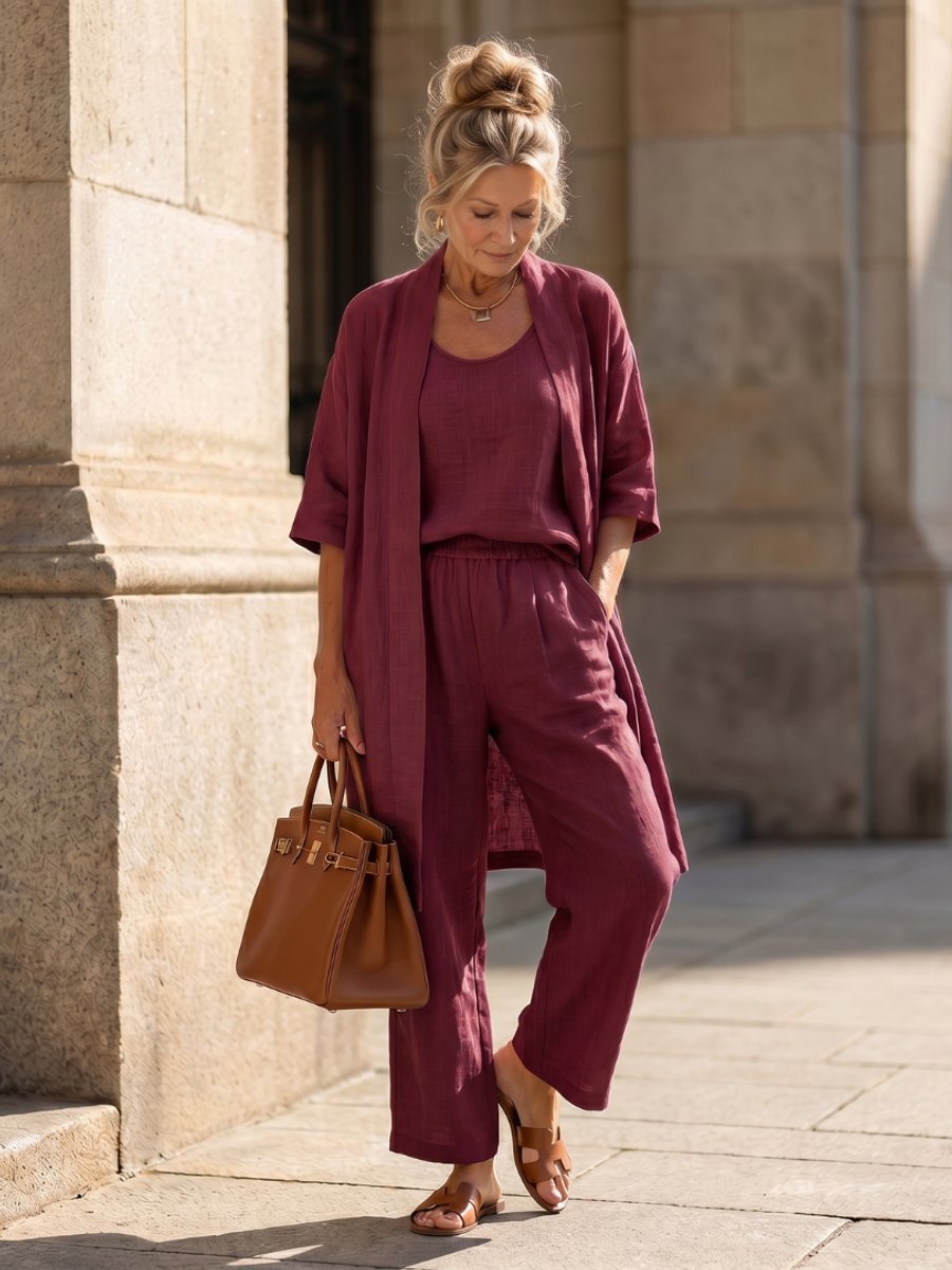 Women's Relaxed Everyday Day Dresses Three-Piece Linen Co-ord Set